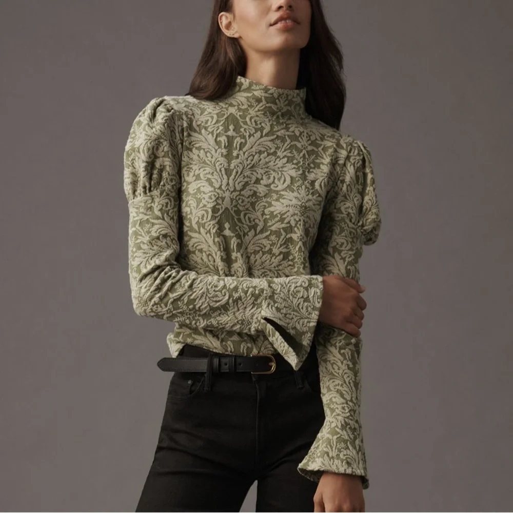 Anthropologie Puff Sleeve Turtleneck Jacquard Top Green Floral Ribbon Medium