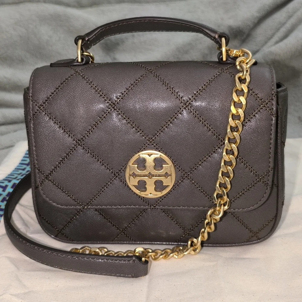 Tory Burch Willa Mini Top Handle Bag Volcanic Stone Quilted Leather