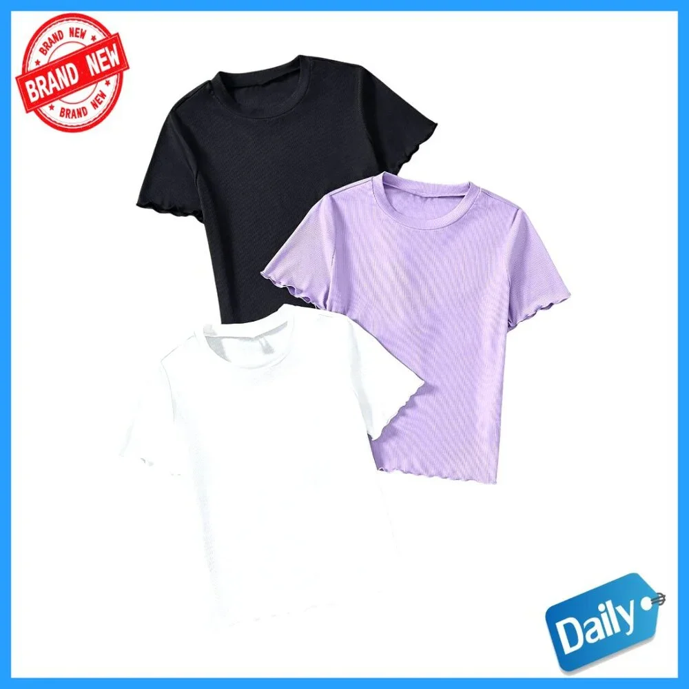 Girls 3-Piece Ribbed Knit Tee Set Short Sleeve Crew Neck Tops