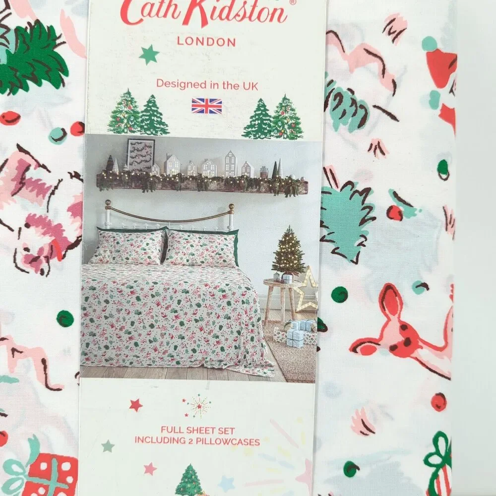 Cath Kidston Full Sheet Set Ditsy Deer Pink White Christmas Flat Fitted Pillows