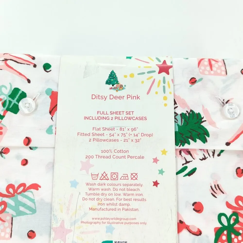 Cath Kidston Full Sheet Set Ditsy Deer Pink White Christmas Flat Fitted Pillows