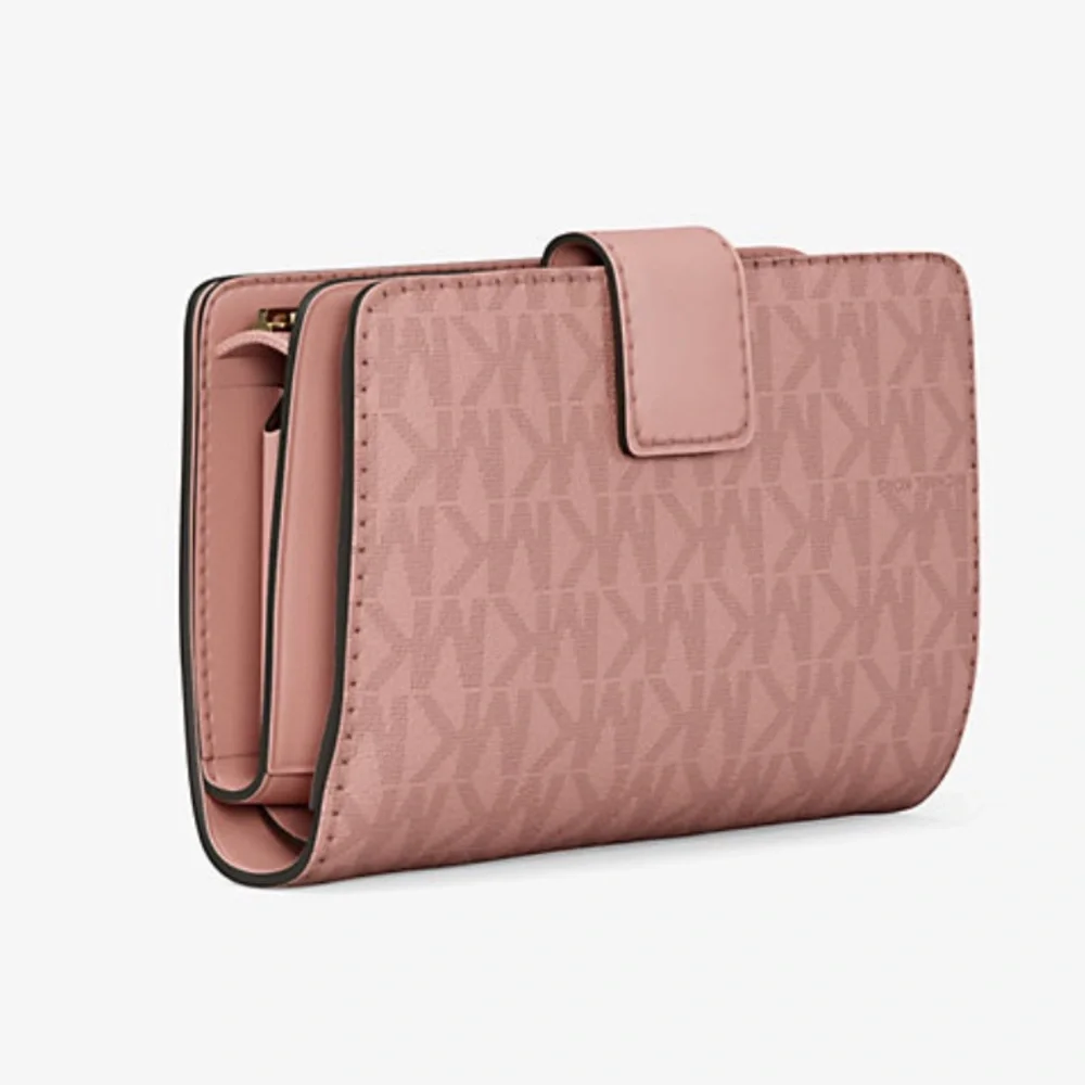 MICHAEL KORS Jet Set Medm Signature Logo BiFold Zip CN Wallet Powder Blush NWT