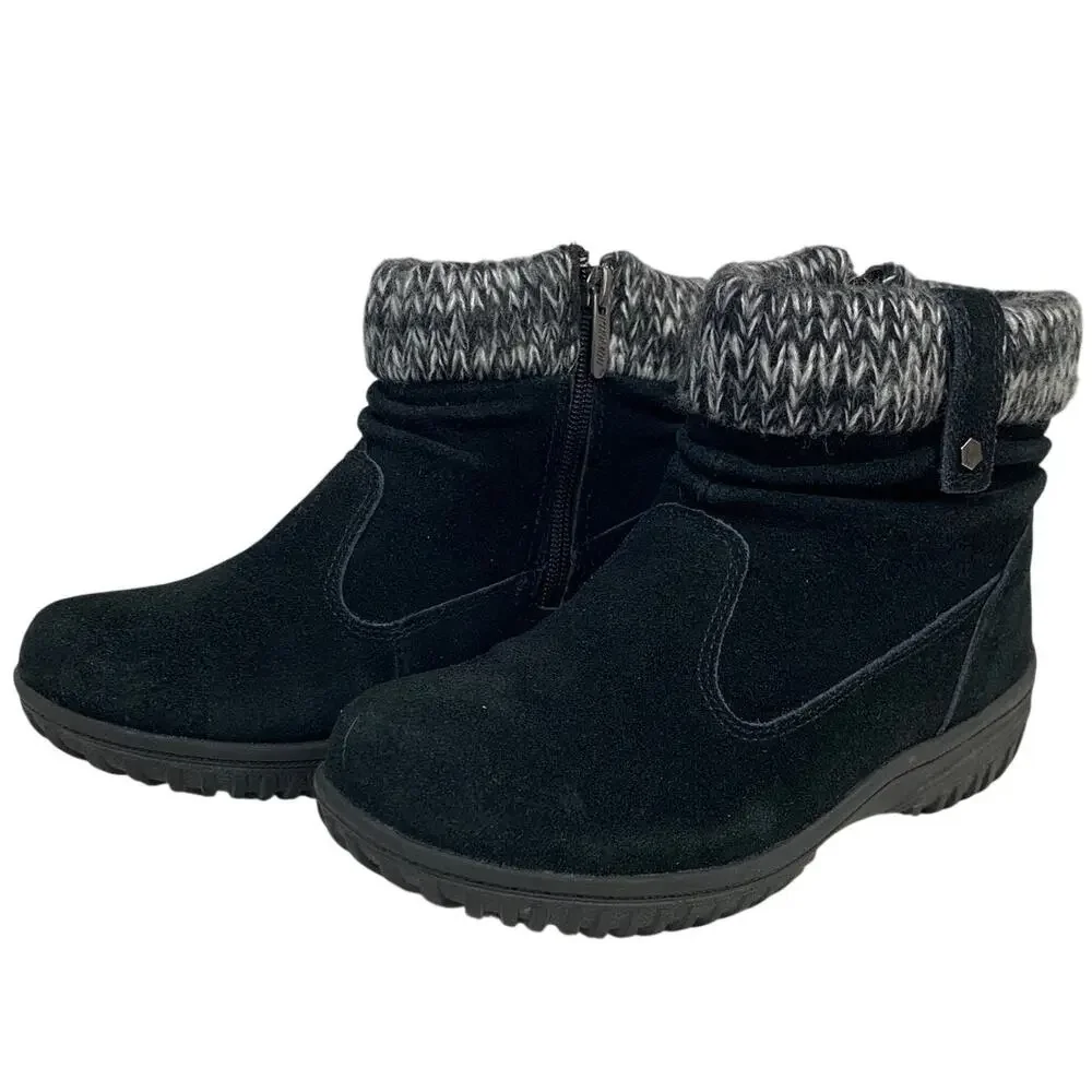 Khombu Womens 6 Black Ankle All Weather Boots Suede Round Toe Knit Top Shoes