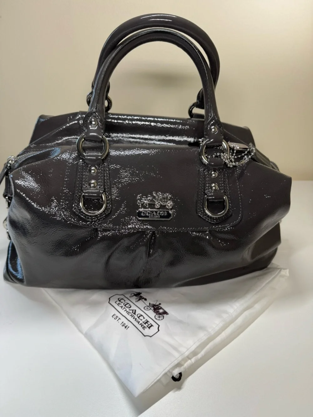 NWOT - Coach Madison Sabrina Satchel in Graphite Patent Leather with Dust Bag