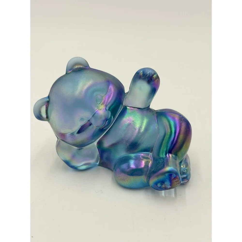 Fenton Art Glass Iridescent Opalescent Misty Blue Glass Laying Bear Figurine
