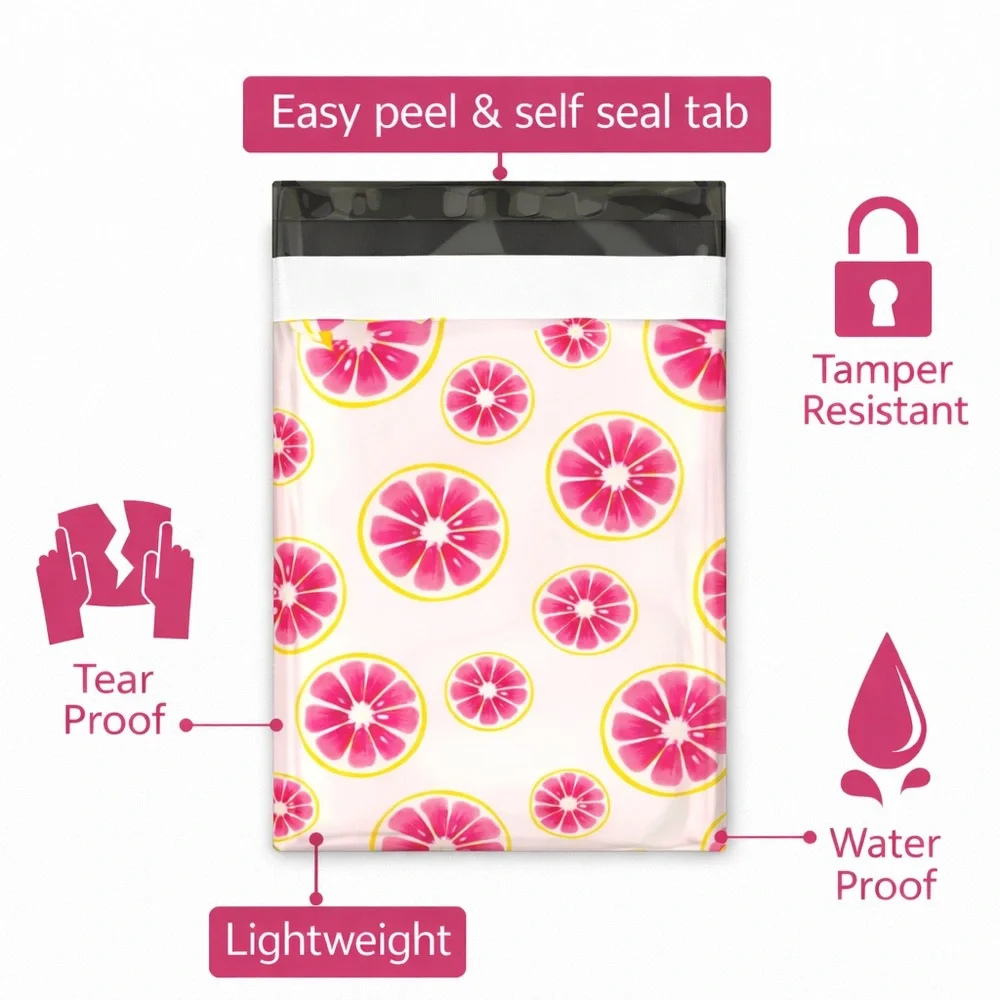 25 Pink Grapefruit Poly Mailers – 10x13 Fruit Shipping Bags – Boutique Packaging