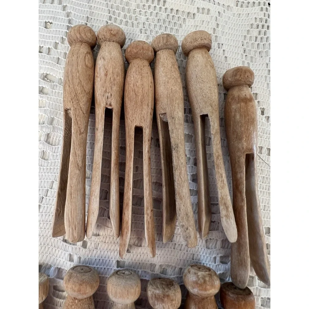 12 Antique Vintage Solid Wood Clothes Pins Round Head Primitive Wooden