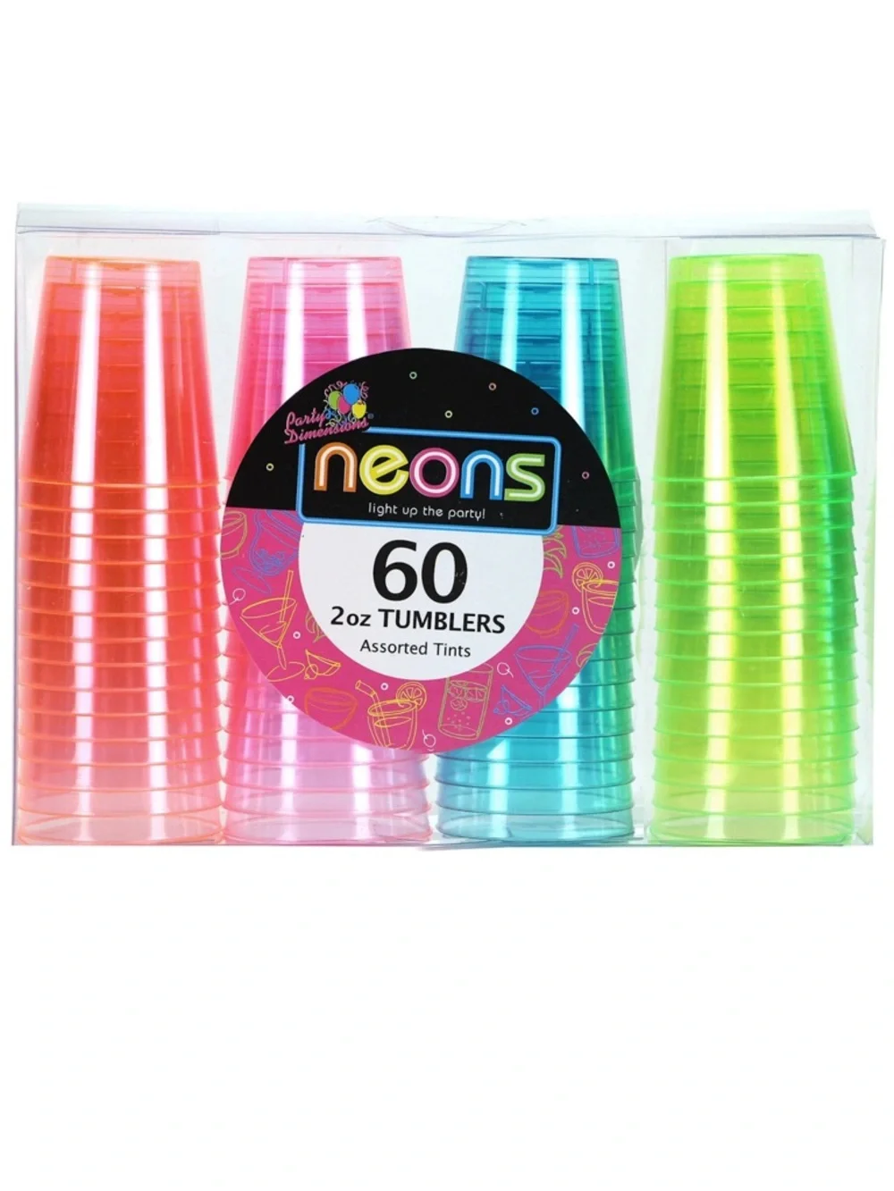Party Dimensions 60 Count Neon Pink, Green, Orange & Blue Plastic Tumblers 2oz