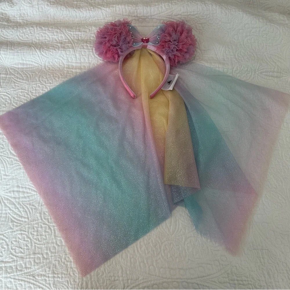 Disney mouse ears headband Pastel Rainbow Tulle Cape with Pom Poms EUC