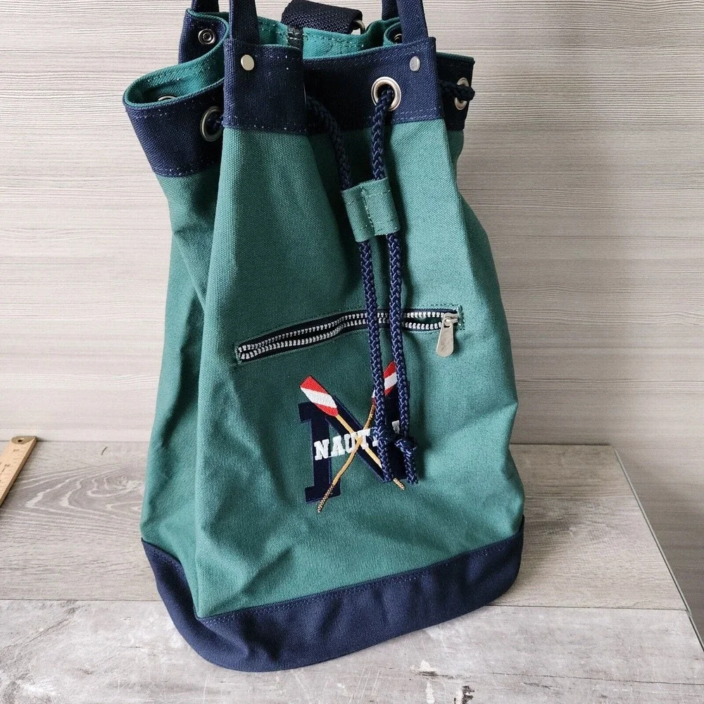 Vintage NAUTICA Green Blue Heavy Canvas Draw Pull String Sailor Seaman Sling Bag