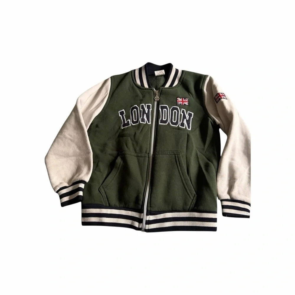 McAli London Varsity Jacket Boys 9-10 Olive Green/cream Zip Union Jack Patch