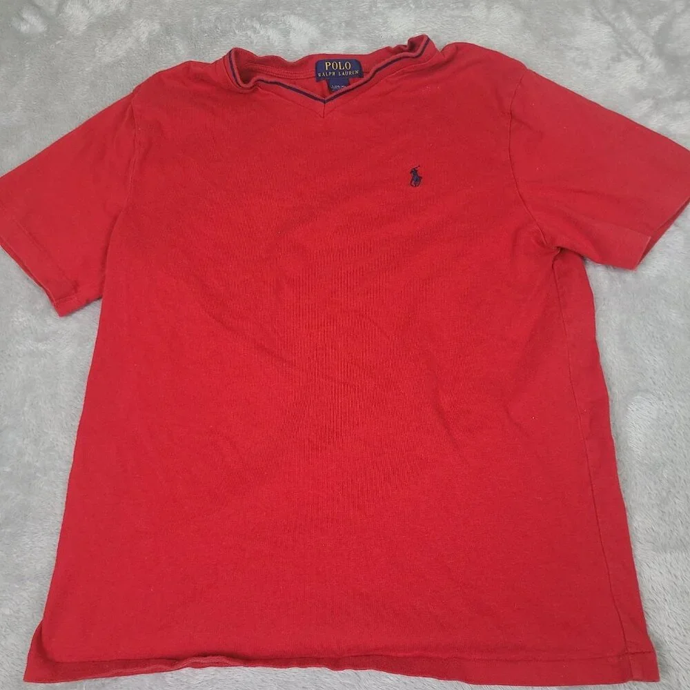 Polo Ralph Lauren Red T-shirt Youth Boys Sz 14-16 Blue Logo Crew Neck Shirt‎