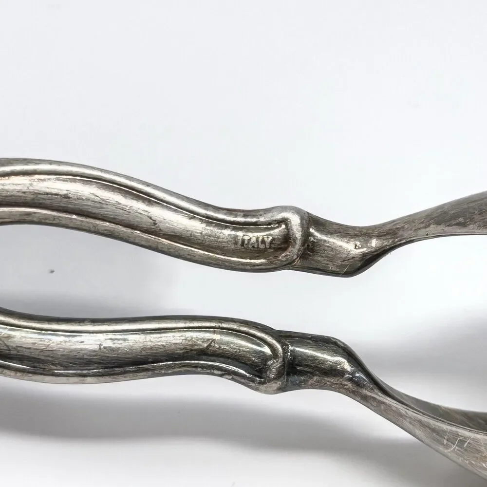 Vintage Sheffield Silver Plate Salad Tongs Italy 10” Ornate Patina