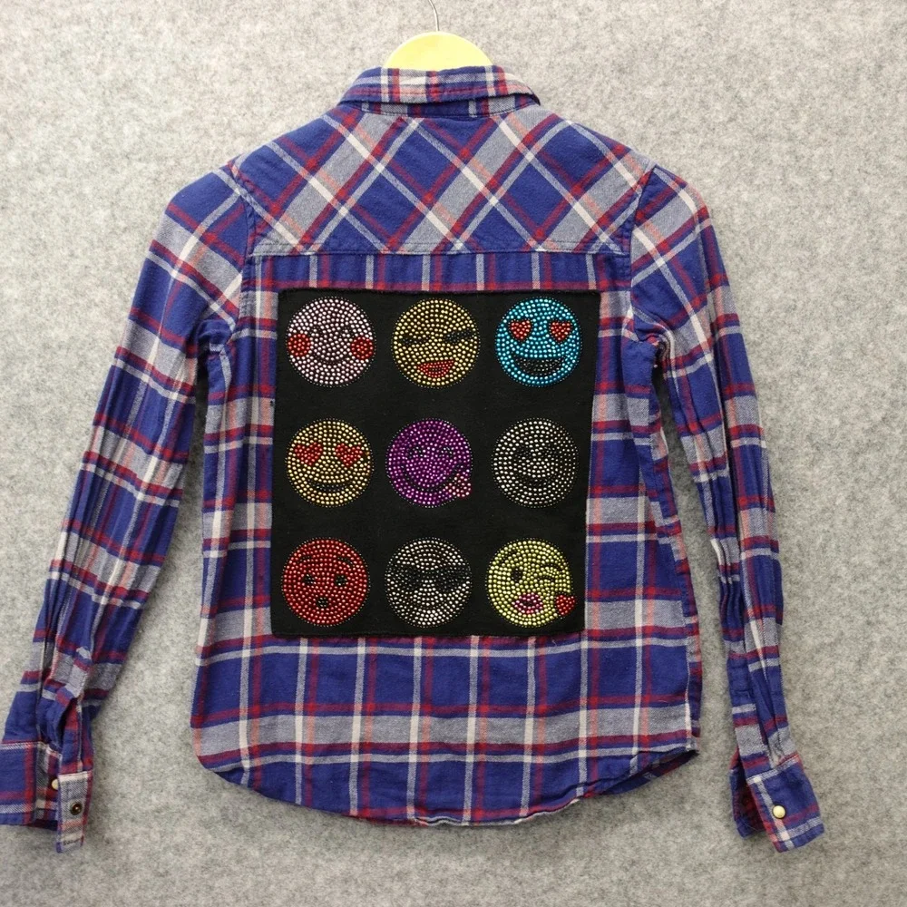 Girls Flannel Shirt Rhinestone Emoji L Blue Plaid Smiley Patch Pearl Snap BUTTER