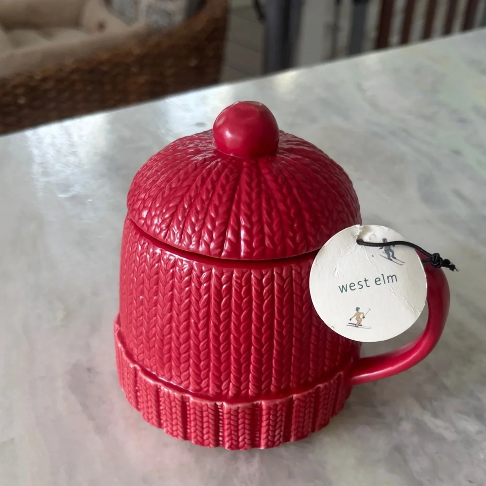 West Elm Red Knit-Patterned snow cap hot chocolate mug