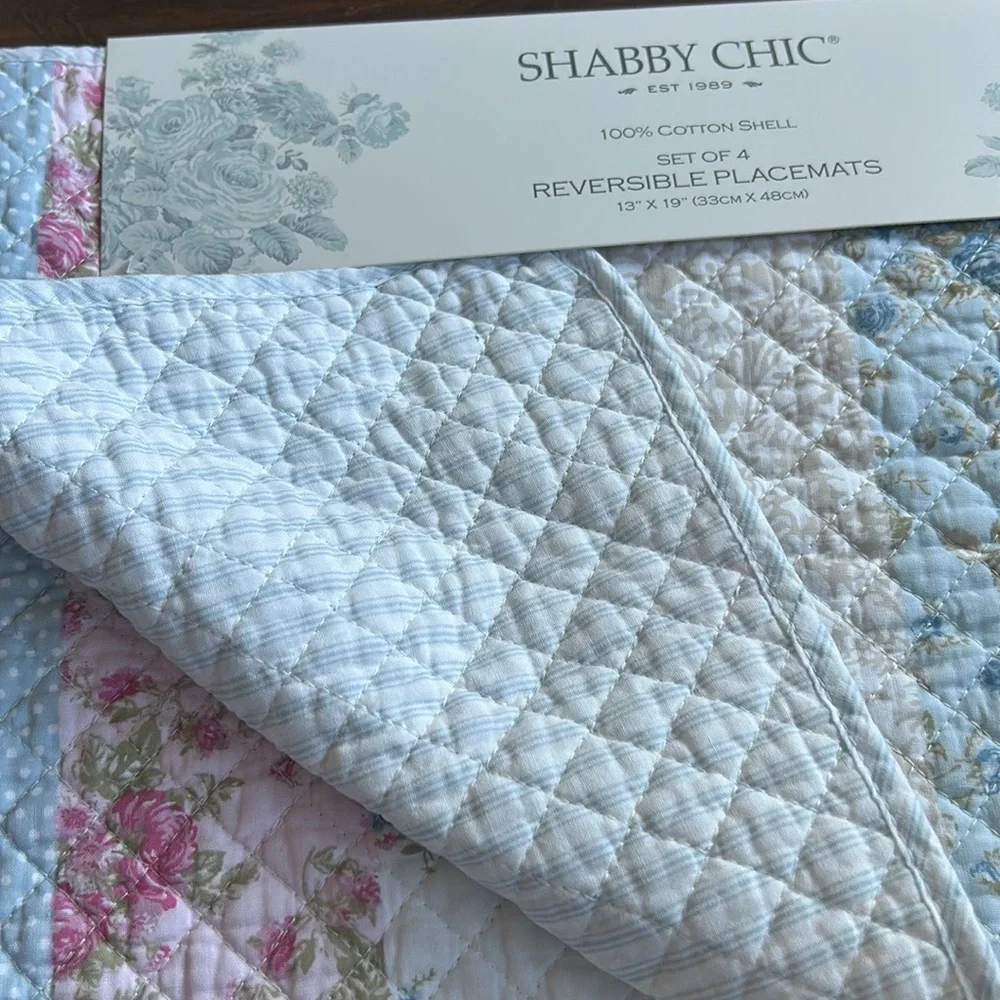 Shabby Chic 4 Scalloped Edged Quilted Placemats New Floral Roses Striped