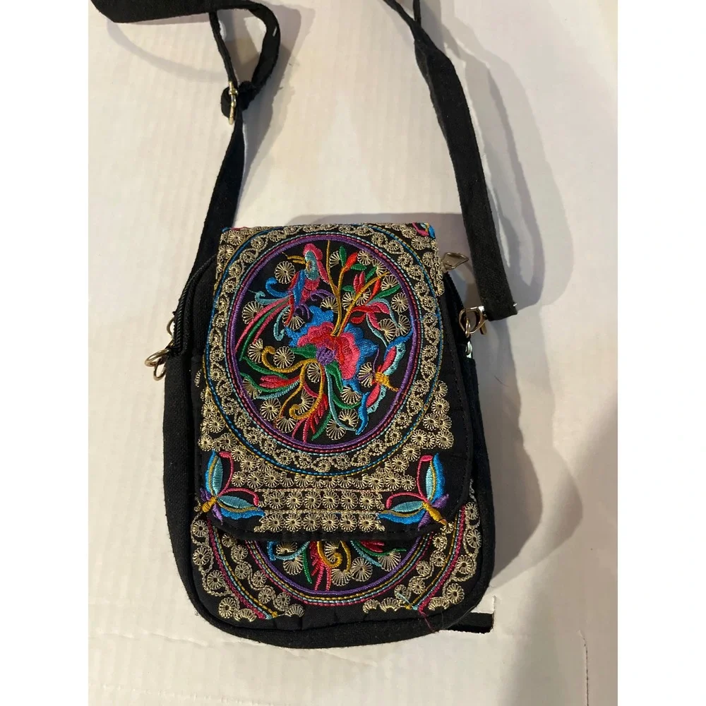 Women Black Canvas Embroidered Floral Crossbody Bag Boho Festival Small Purse