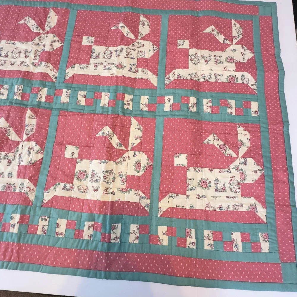 Handmade Bunny Rabbit Patchwork Quilt Pink Teal Nursery Wall Hanging 40x33