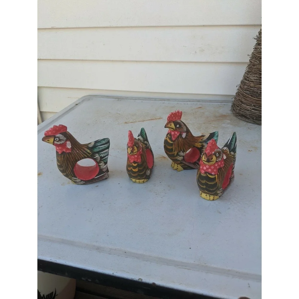 Folk Art Wood Painted Chicken Napkin Ring Holders Set of 4