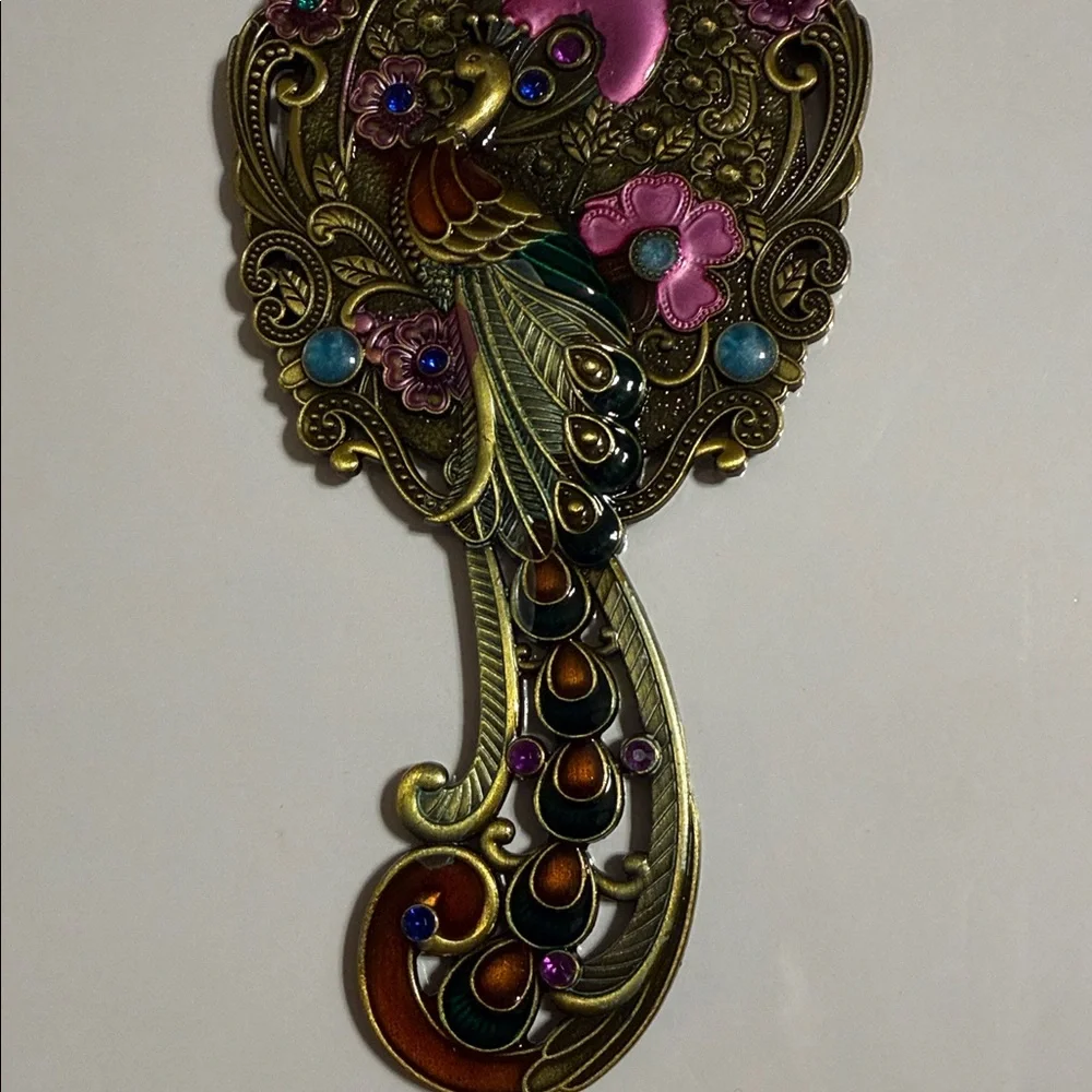 Vintage Ornate Peacock Hand Mirror and Comb Set - Pink & Green Accents
