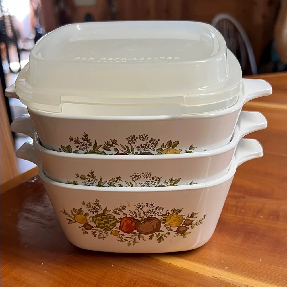 Corning Ware Baking Dish Bowl P-43-B Spice O Life Pattern 2-3/4 Cup Set of 3 lid