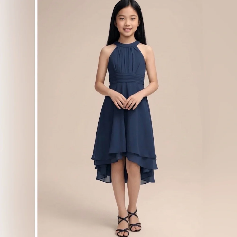 JJ’S House- NWT junior Ilona blue chiffon A-line pleated sleeveless dress SZ 6-7