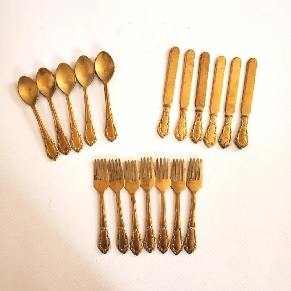 Raw Brass Miniature Forks, Knives & Spoon Stampings 17 Pieces