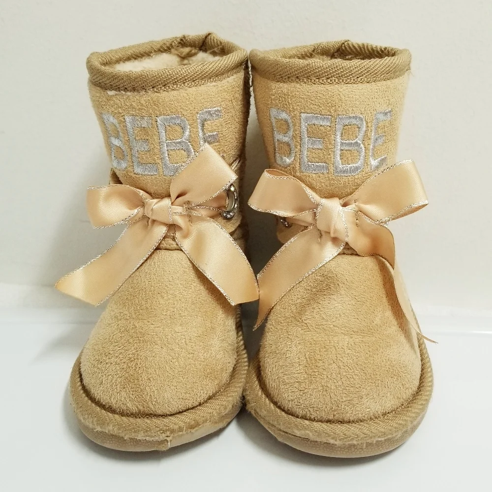 Bebe Toddler Girl's Tan Mid Calf Logo Boots with Satin Bow & Rhinestone Baby 7