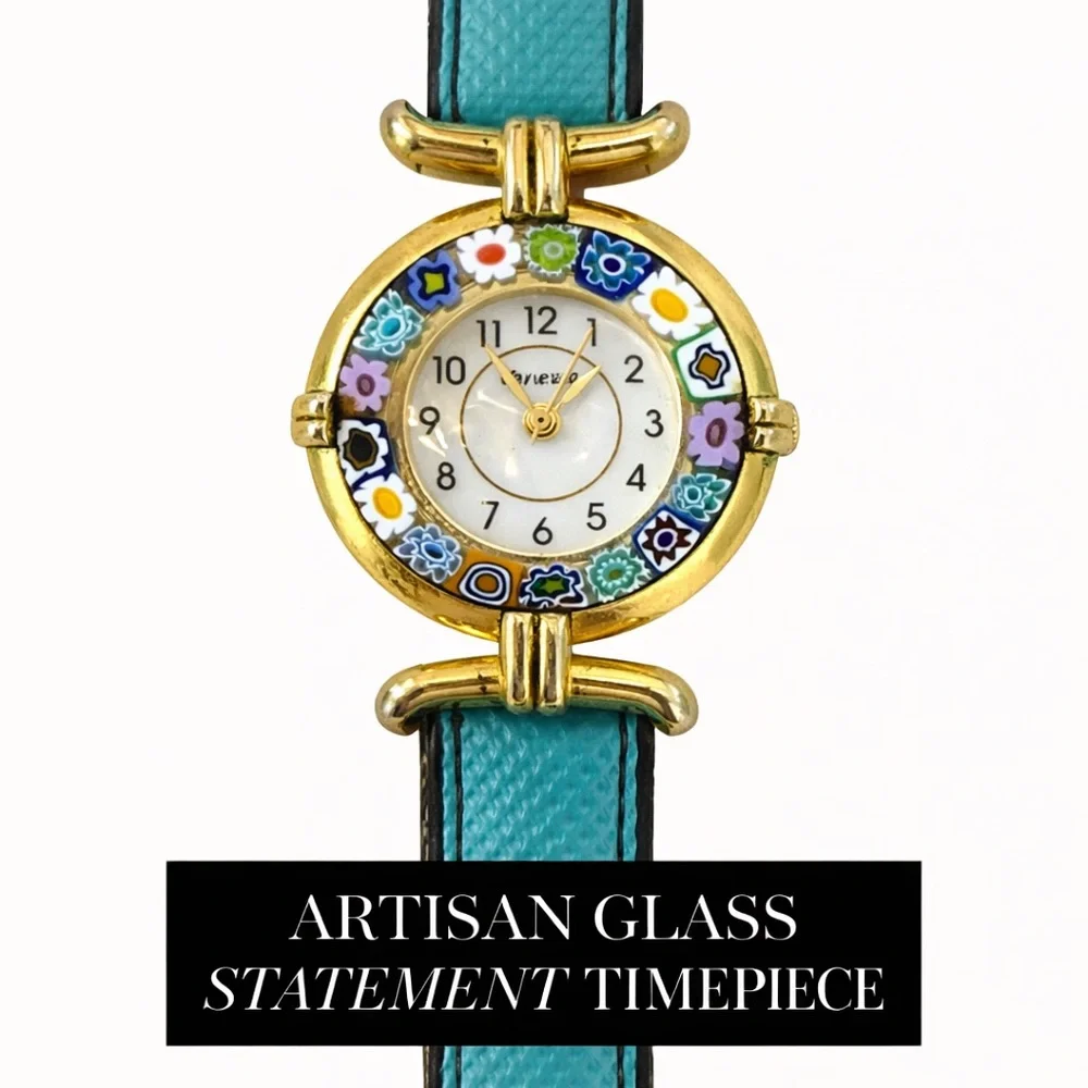 Vintage Murano Millefiori Glass Watch | Gold Tone | Turquoise Leather | Working