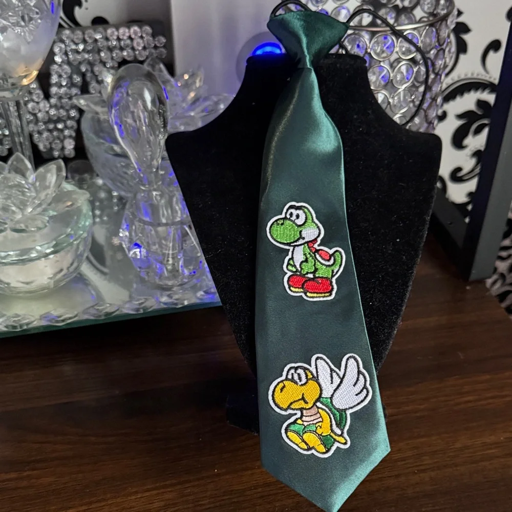 Green Satin Tie with Yoshi and Koopa Troopa Patches