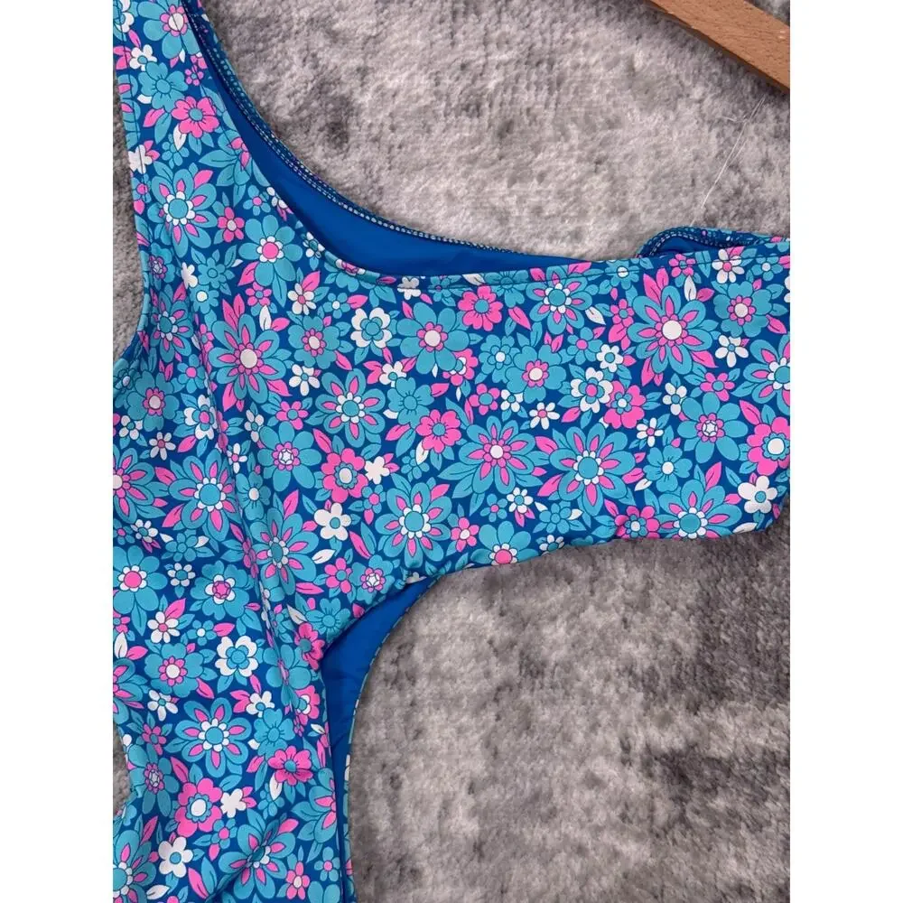 Frankies Bikinis One Piece Swimsuit Medium Womens Blue Floral Cutout