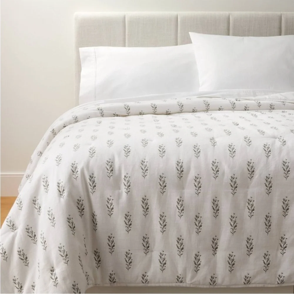 Full/Queen Lofty Cotton Slub Wood Block Floral Quilt White - Studio McGee