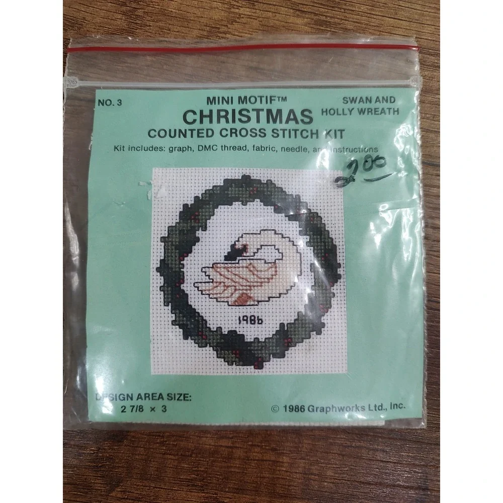 Mini Motif Christmas Cross Stitch Kit Swan And Holly Wreath Vtg NOS P108