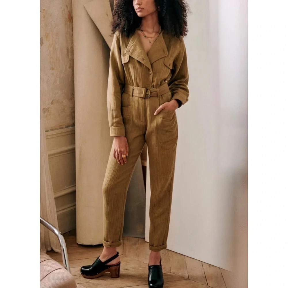 Sezane Linen-Blend Hailey Long-Sleeve Jumpsuit