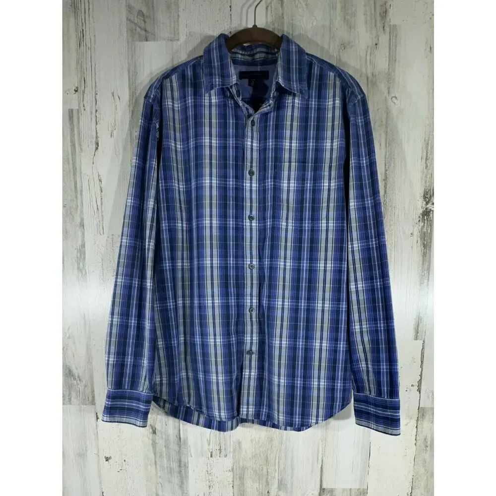 Banana Republic Mens Button Up‎ Shirt Size Medium 15-15.5 Blue Plaid 100% Cotton