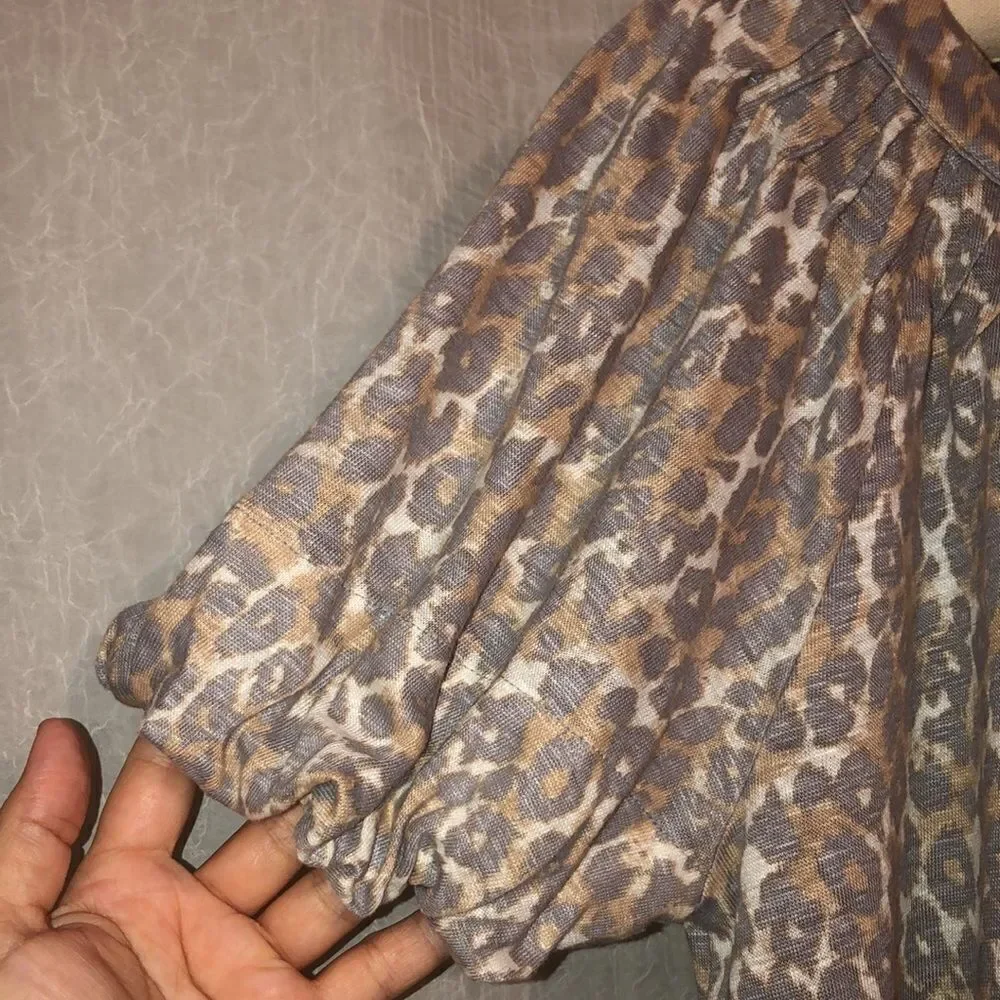 Anthropologie S Maeve Linen Puff Sleeve Leopard Top