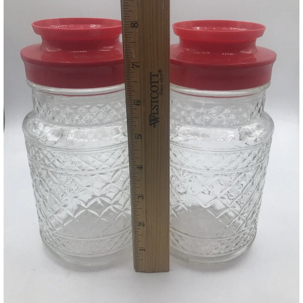 ANCHOR HOCKING GLASS JARS‎ WEXFORD DIAMOND PATTERN RED PLASTIC LID ONE  1 JAR