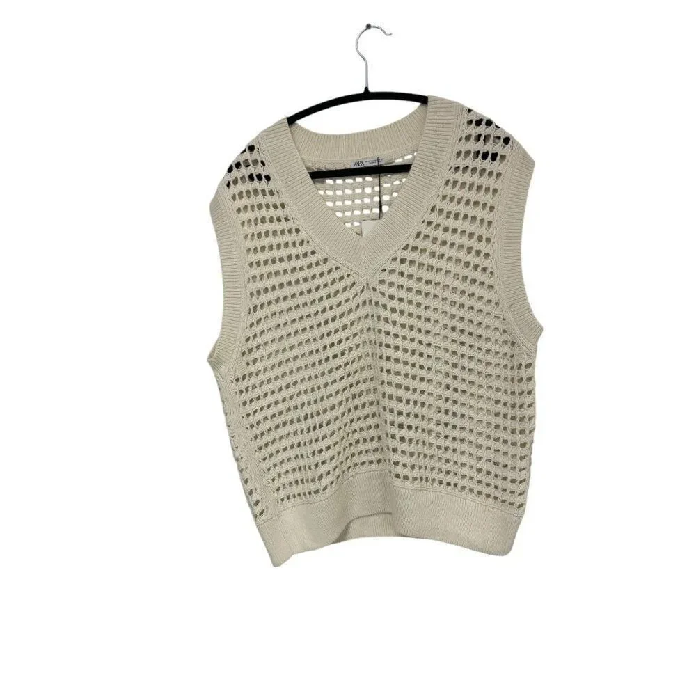Zara Mens Cutwork Sweater Vest Size M Ivory Open Knit Crochet 1023/300 NWT
