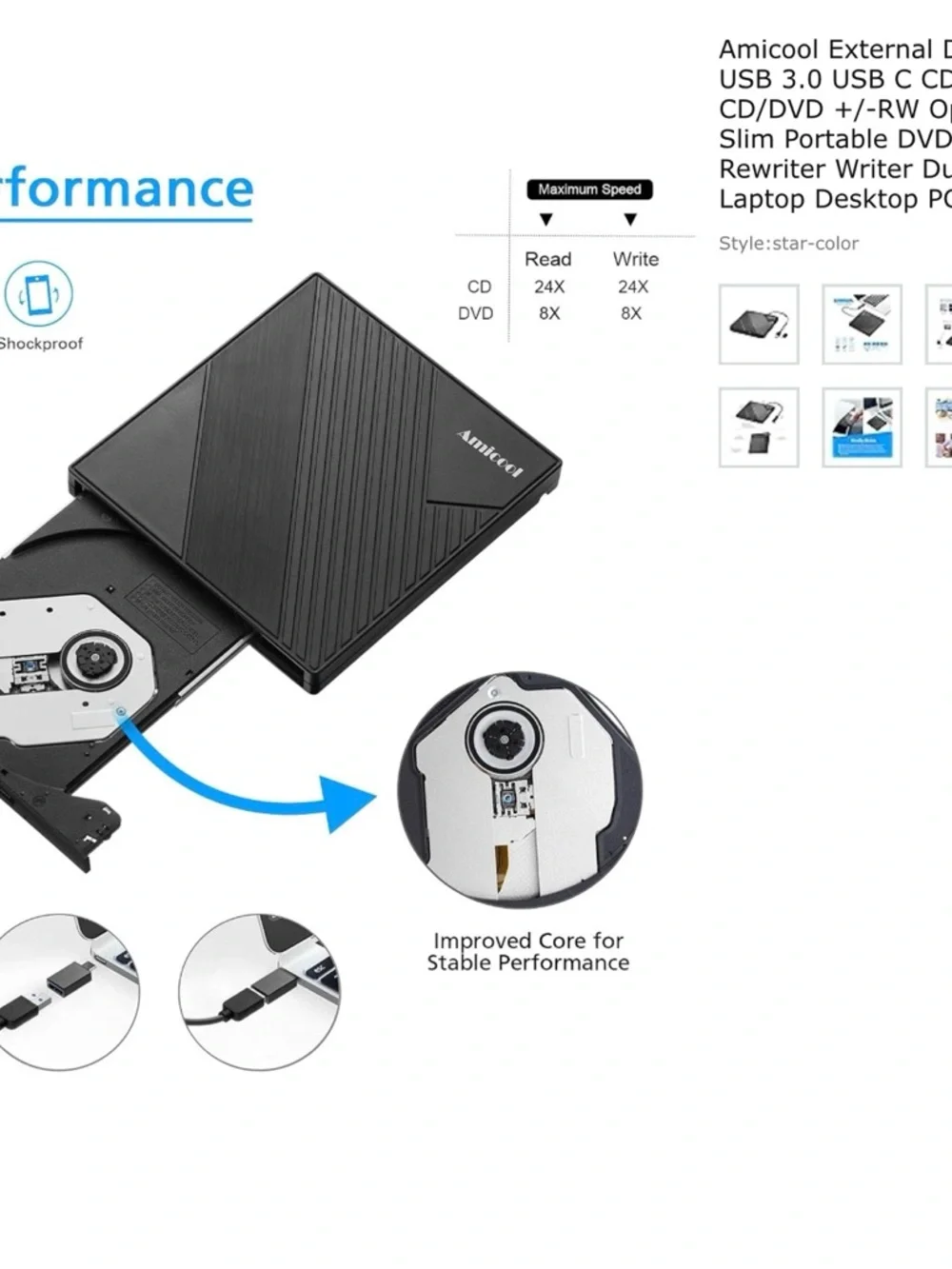 Amicool External USB Slim DVD/CD Drive - Black