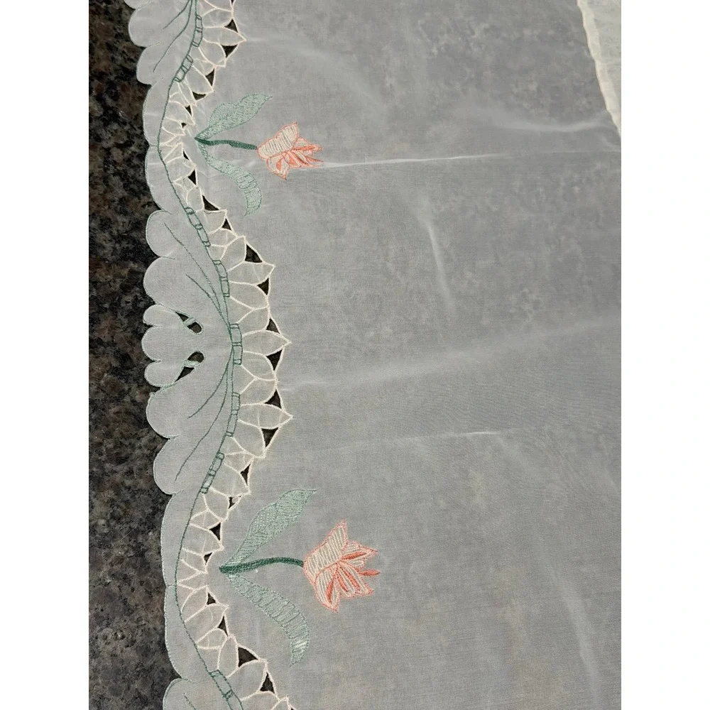 Set of 2 Vintage Sheer White Floral Embroidered Scalloped Valance Curtain 58x14