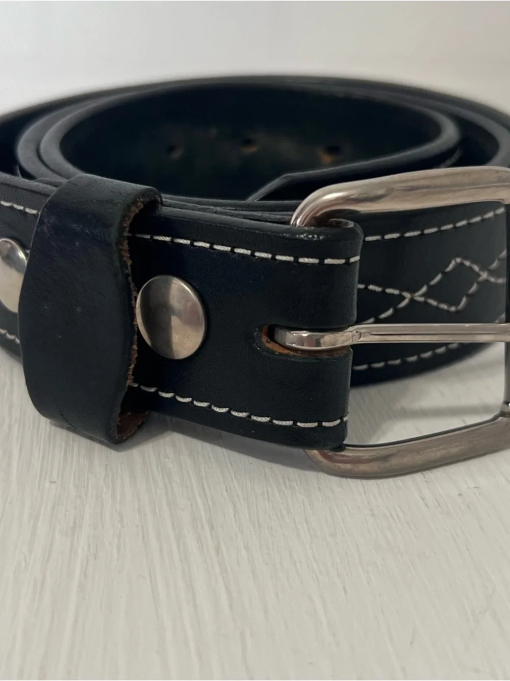 Brenneman’s Black Leather White Stitching Western Rodeo Moto Belt Size 38 USA