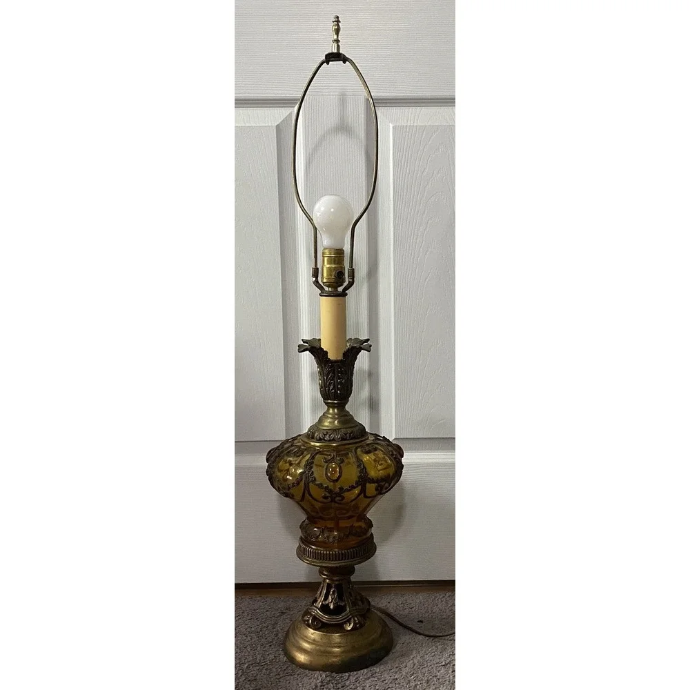 Vintage Amber Glass&Brass Table Lamp Falkenstein Hollywood Regency Jeweled Lamp