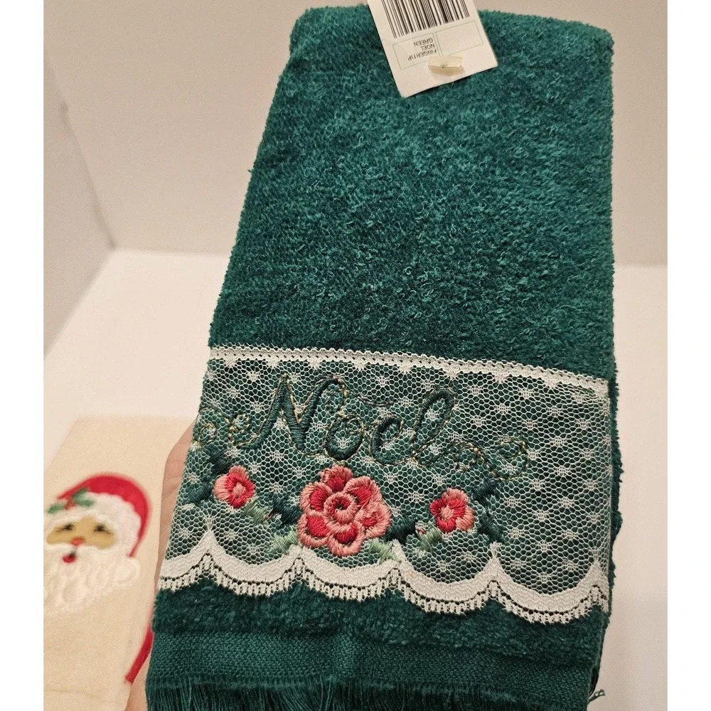 VTG Cannon Red Green Ivory Lace Fingertip 4Towels Santa Noel‎ Fringe NOS Holiday