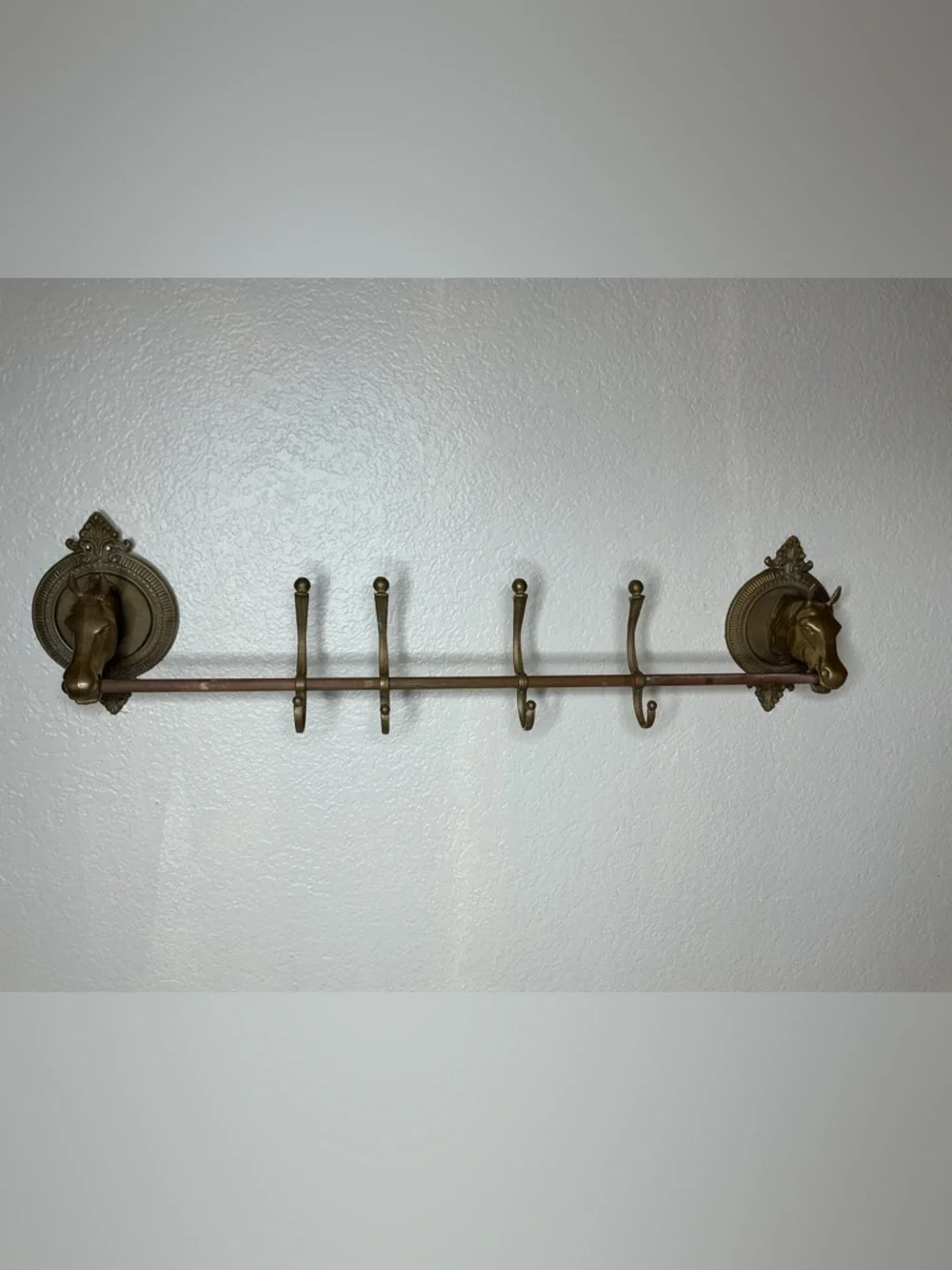34” L Vintage Brass Horse Head Wall Hook Rack - Brown/Gold