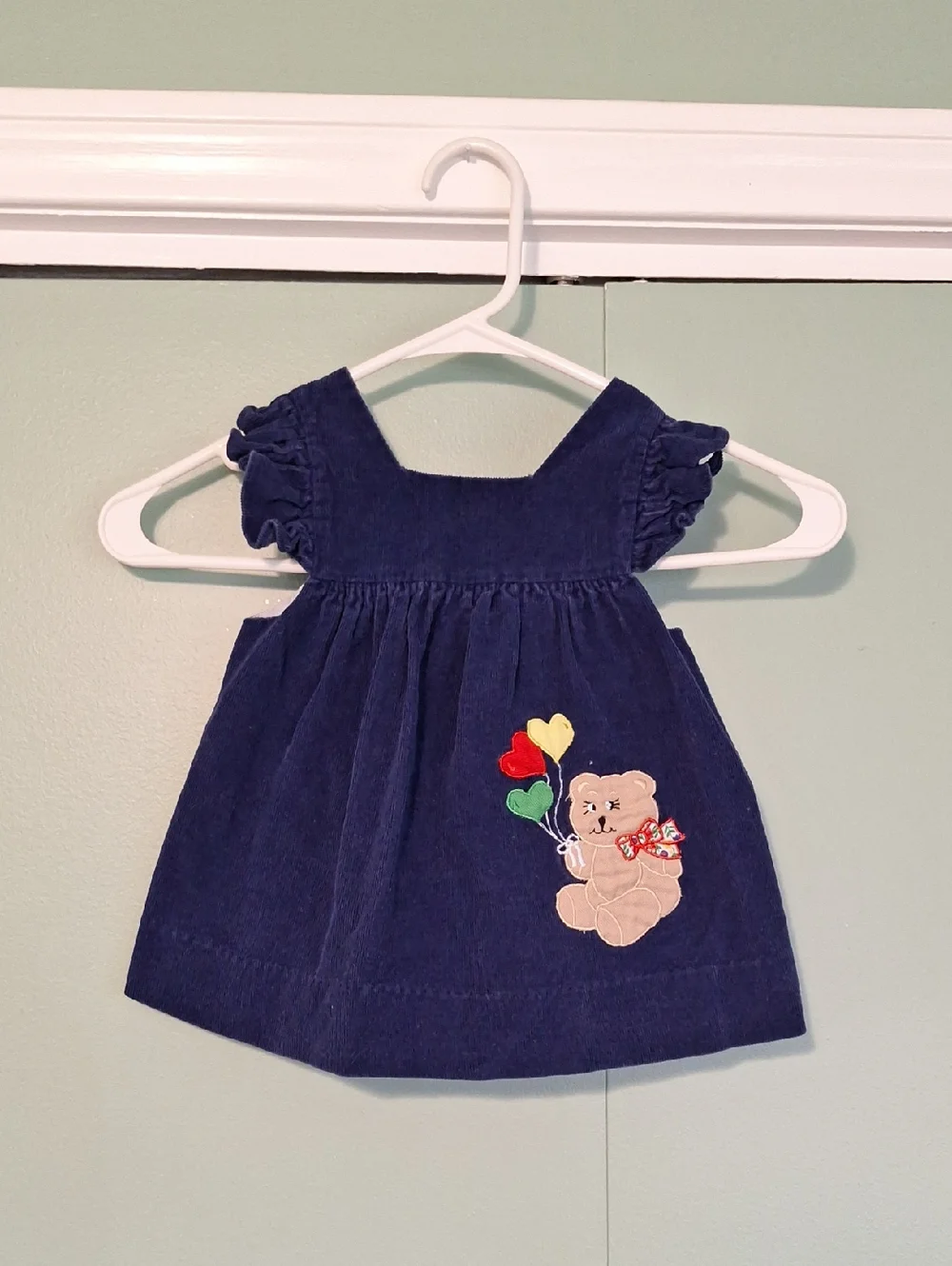 Vintage Girls Corduroy Blue Bear Dress Size 18m