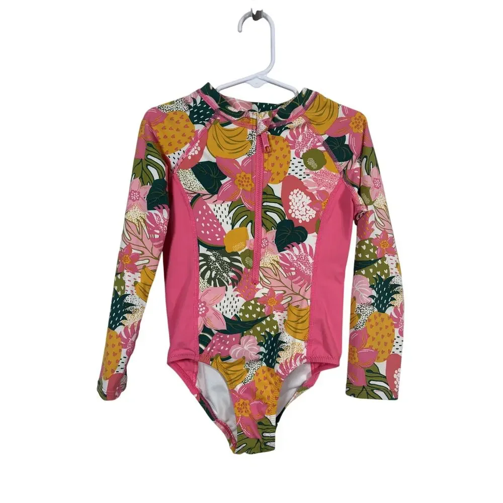 Garnet Hill WaveRider One Piece Swimsuit Girl 5 Pink Half-Zip Floral Long Sleeve