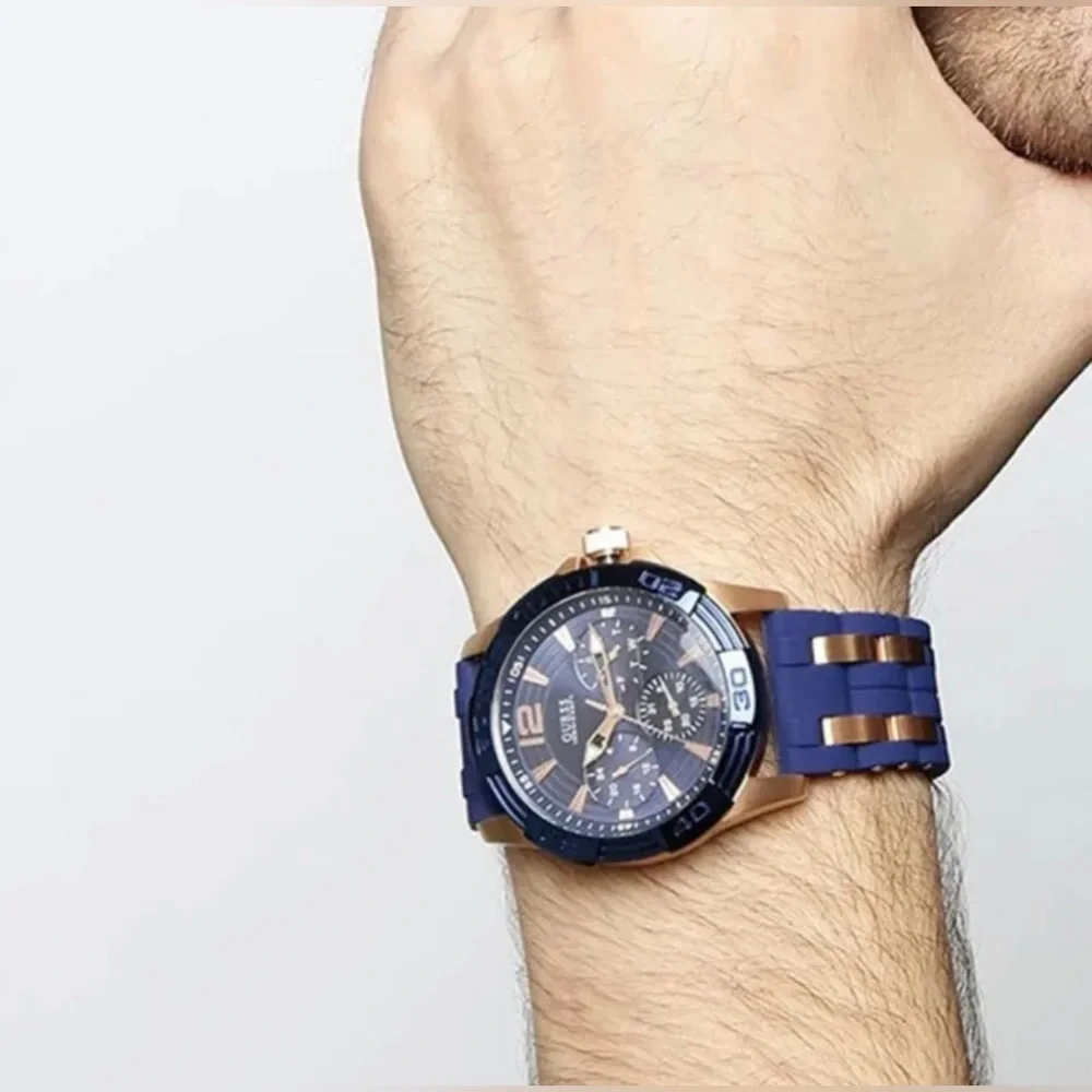 Guess Rose Gold Stainless Steel Blue Silicone Strap‎ Men Watch W0366G4