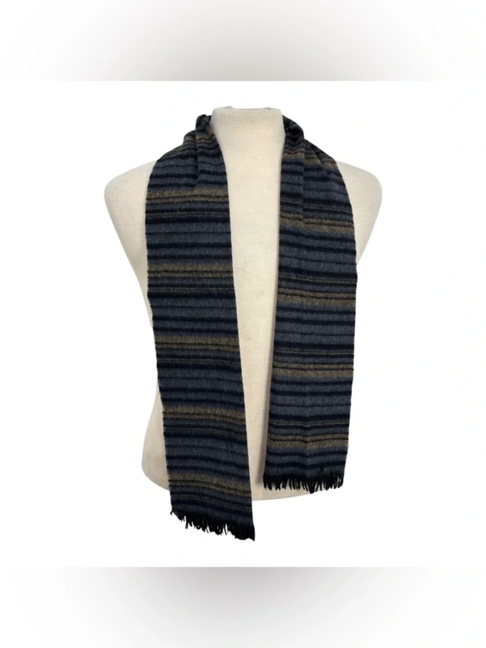 Vintage Christian Dior Monsieur 100% Lambswool Scarf w Fringe Blue Brown Striped