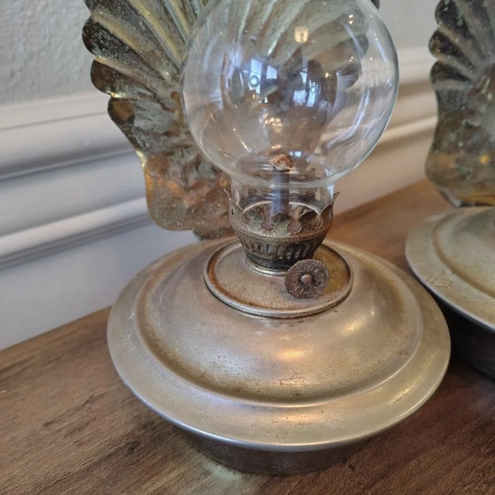 Vtg MCM Metal Oil Hanging Lanterns Nautical Patina Decor Pair Of 2 Wall Decor