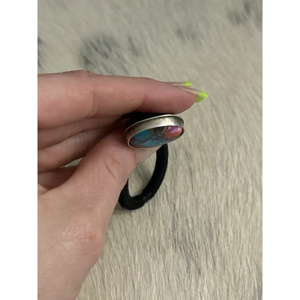Native American Navajo Handmade Sterling Silver Pink Blue Dahlia Oyster Hair Tie